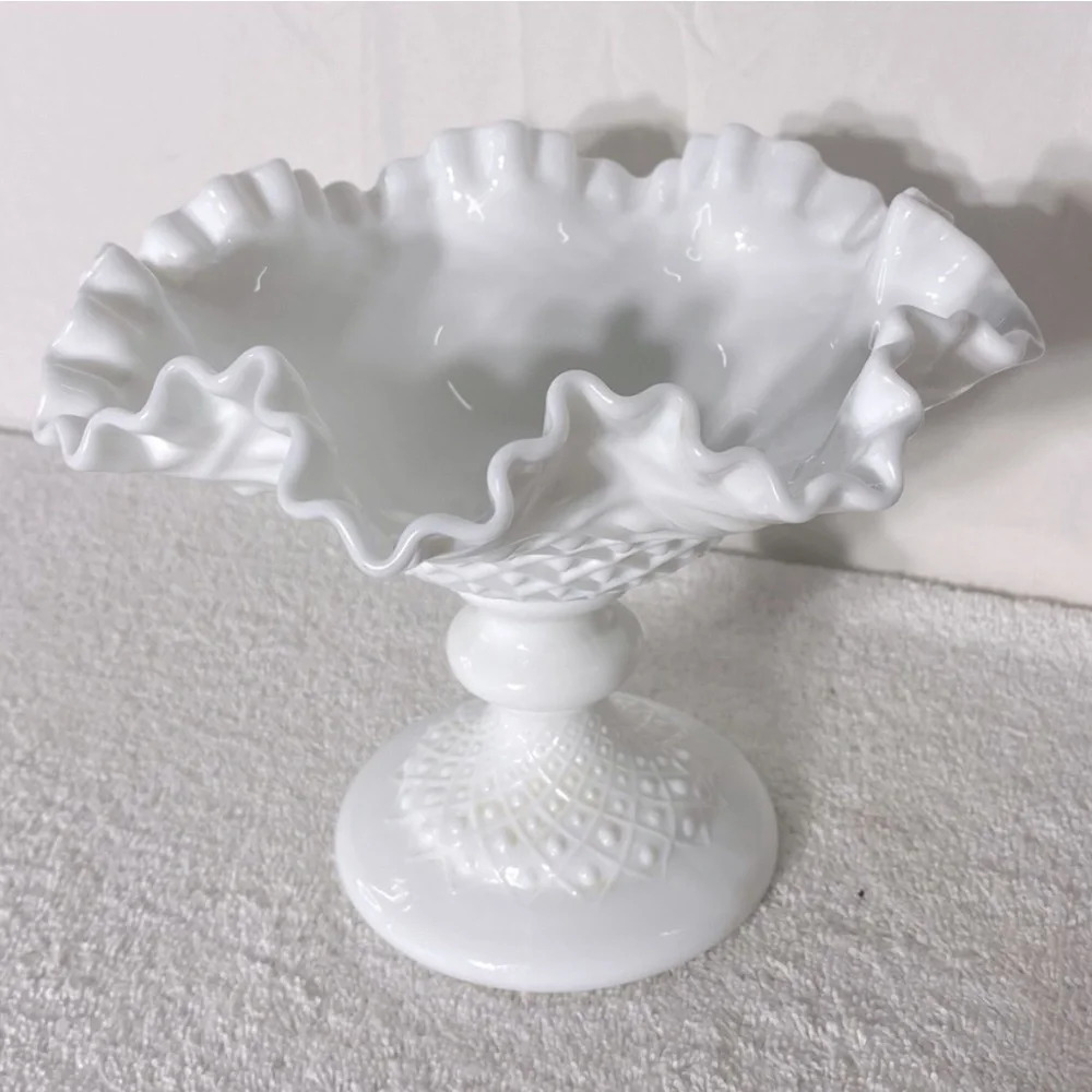 Vintage Fenton White Glass Hobnail Ruffle Edge Pedestal Compote Candle Holder